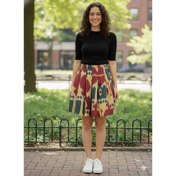 Ralph Lauren Vtg Multicolor Ikat Western Silk Tie Dye Pleated Skirt Sz 10P - Picture 1 of 6